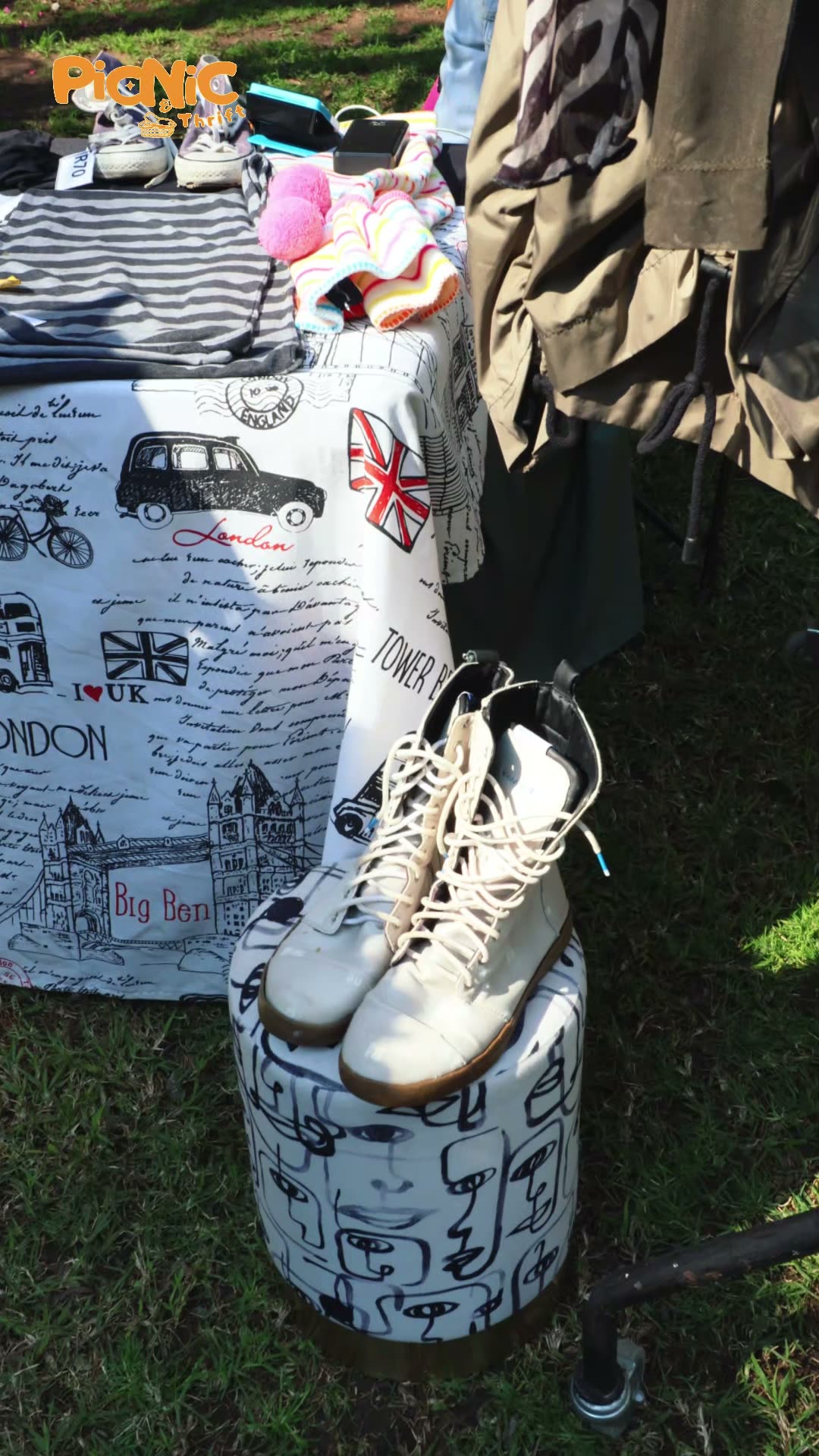 Vintage sneakers on display on the grass at Picnic & Thrift in Pretoria.